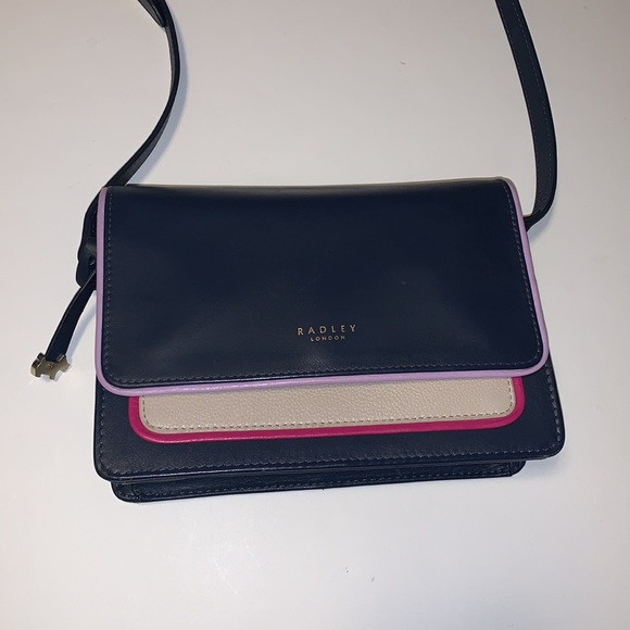 RADLEY London Navy Blue Leather Crossbody Purse with Pink and Purple Accents - Picture 4 of 14